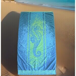 Kirkland Seahorse Beach Towel Blue Green Coastal Ocean Cotton Egypt 37x66” Large